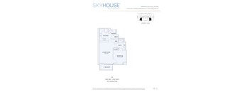 A drawing of a floor plan for a one bedroom, one bathroom apartment.
