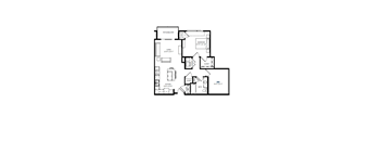 A floor plan of a house with a living room, two bedrooms, a bathroom, a kitchen, and a patio/balcony.