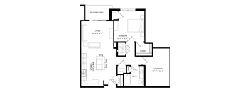 A black and white image of a house floor plan with a living area, two bedrooms, a kitchen, a bathroom, and a closet.