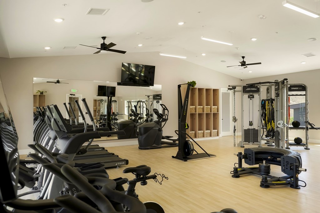 A gym with a variety of exercise equipment including treadmills, stationary bikes, and weight machines.