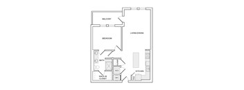 A floor plan of a small apartment with a bedroom, bathroom, kitchen, and living/dining area.