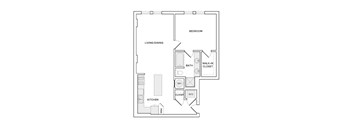 A floor plan of a small apartment with a bedroom, living/dining area, kitchen, and bathroom.