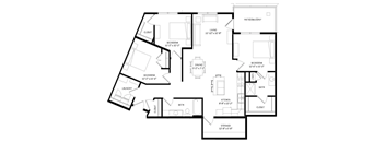 A black and white image of a house floor plan with a living room, two bedrooms, a dining room, a kitchen, a bath, an laundry area, a storage area, and a patio/balcony.
