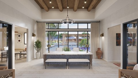 A modern living room with a large window and a view of the street.