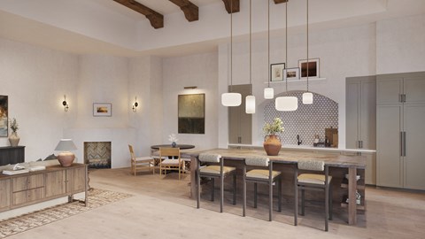 A modern dining room with a wooden table and chairs.