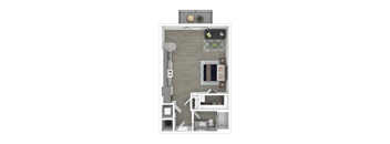A top-down view of a small apartment with a kitchen, living room, and bathroom.