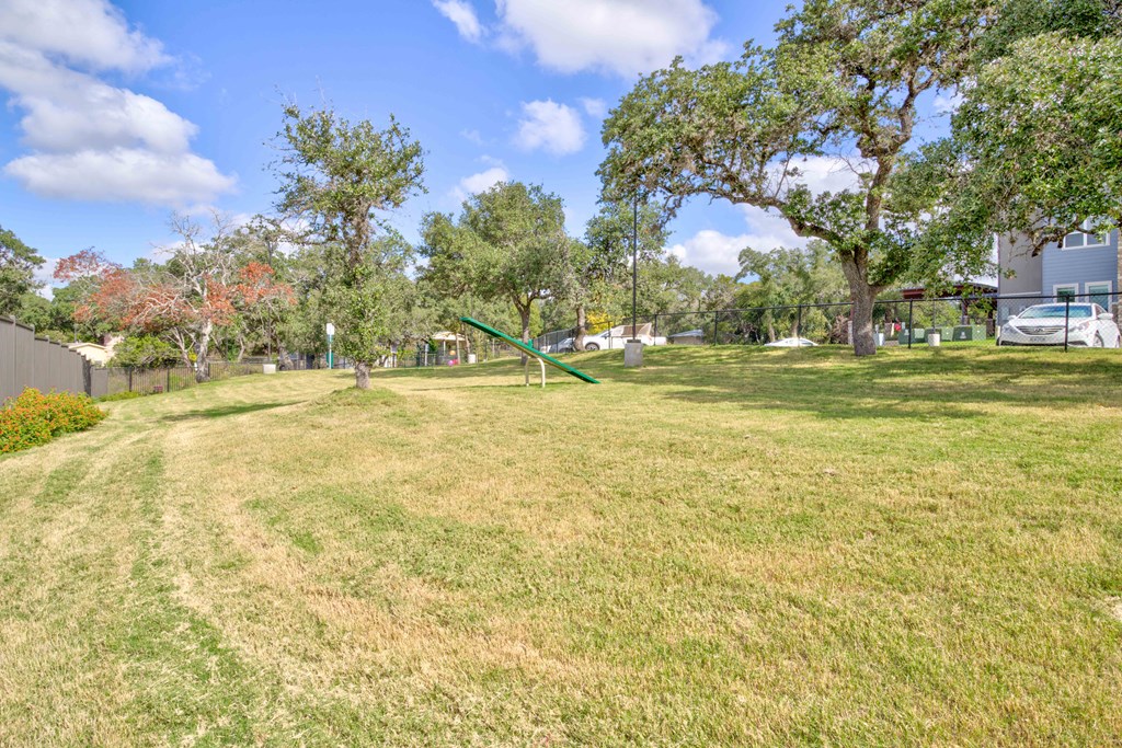 a park with a slide in the grass