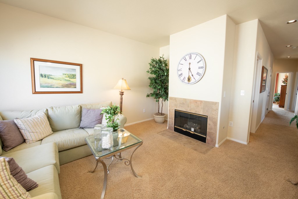 a living room with a couch and a fireplace