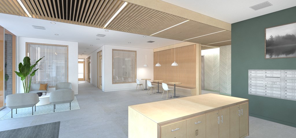 a rendering of the lobby of the new building