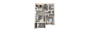 A top-down view of a small apartment with a kitchen, living room, and bedroom.