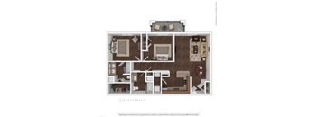 A floor plan of a house with a kitchen, living room, and two bedrooms.