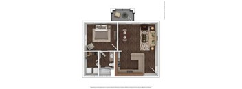 A floor plan of a small apartment with a kitchen, living room, and bathroom.