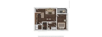 A floor plan of a small apartment with a kitchen, living room, and bathroom.