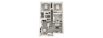 A 3D floor plan of a small apartment with two bedrooms and a living area.