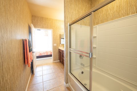 a bathroom with a shower and a sink and a window