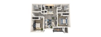 A 3D floor plan of a small apartment with a kitchen, living room, and bedrooms.
