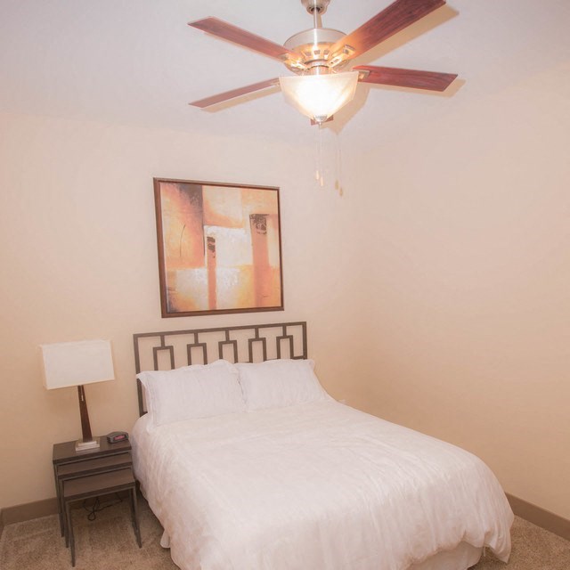 a bedroom with a bed and a ceiling fan