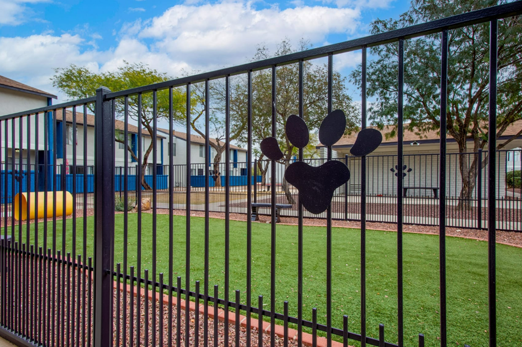 Leash-free bark park with agility features at Midtown on Seneca, a pet-friendly apartment community near East Central Tucson, Tucson, AZ.