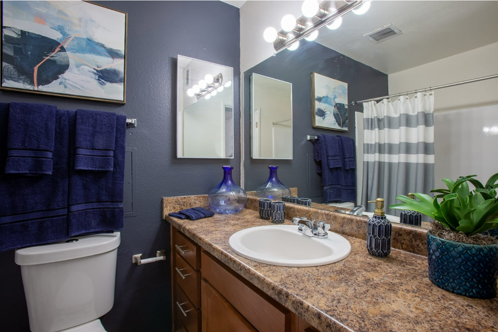 Bathroom with large mirror at Midtown on Seneca, a pet-friendly apartment community near East Central Tucson, Tucson, AZ.