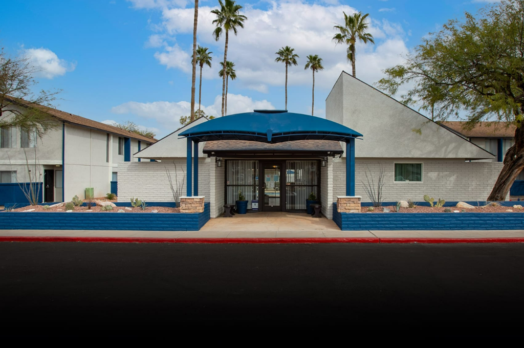 Exterior of the leasing office at Midtown on Seneca, a pet-friendly apartment community near East Central Tucson, Tucson, AZ.
