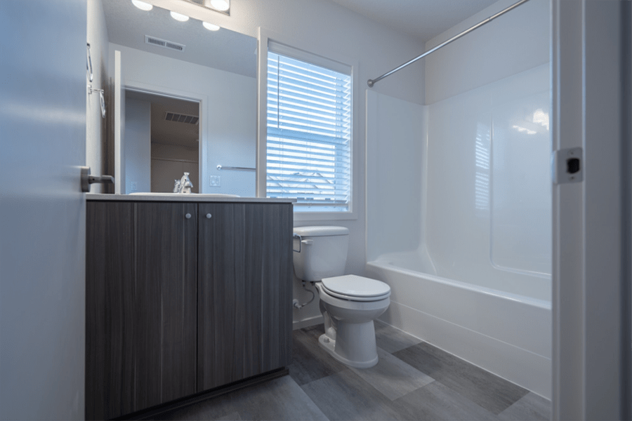 bathroom sink with a mirror, cabinets, toilet, and window