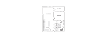 A floor plan of a small apartment with a living/dining area, kitchen, bedroom, bathroom, and walk-in closet.