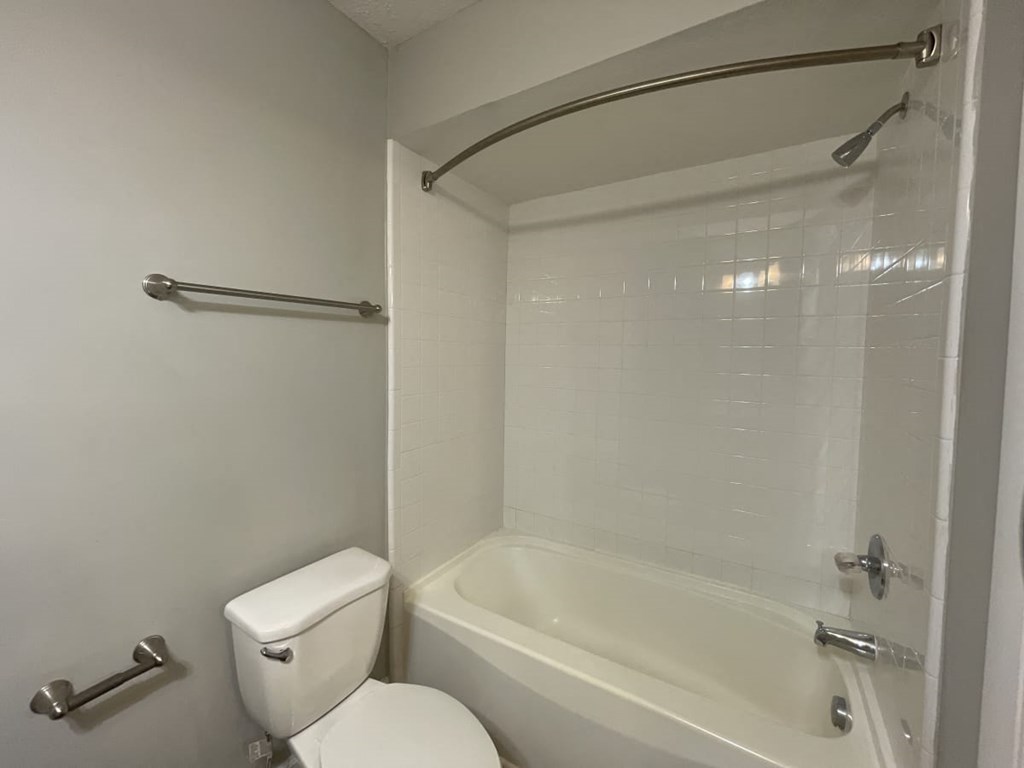 a bathroom with a bathtub and a toilet