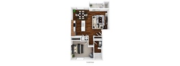 A floor plan of a small apartment with a kitchen, living room, and bedroom.