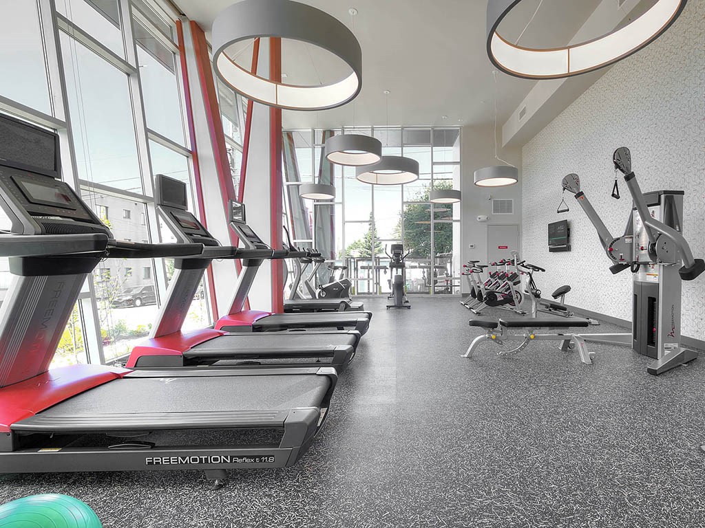 Up-to-date fitness studio with cardio and weight training equipment at Astro Apartments, Seattle, WA, 98109