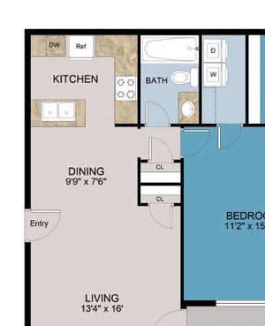 1 Bed, 1 Bath, 736 sq. ft. A1