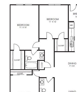 3 Bed, 2 Bath, 1185 sq. ft. C1