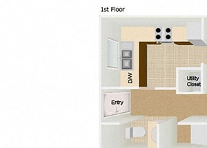 1 Bed, 1.5 Bath, 734 sq. ft. TOWNHOUSE