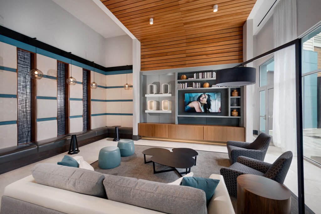 a living room with a couch and a tv