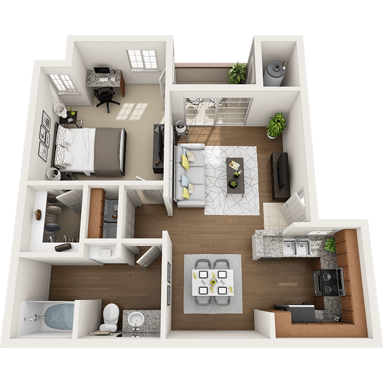 1 Bed 1 Bath 745 square feet floor plan