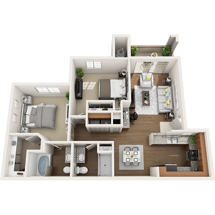 2 Bed 2 Bath 1043 square feet floor plan