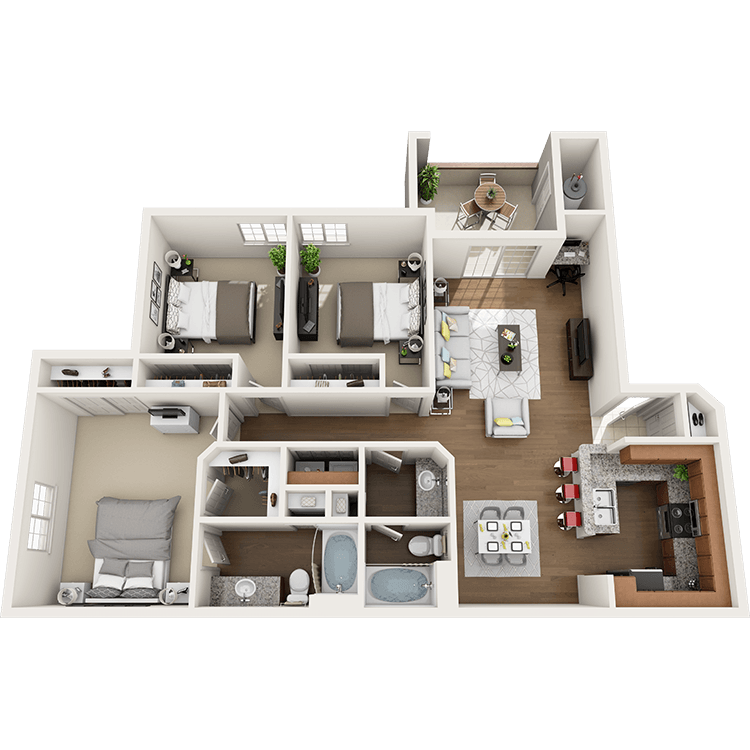3 Bed 2 Bath 1408 square feet floor plan