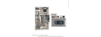 a floor plan of a 1 bedroom apartment with a car in the garage