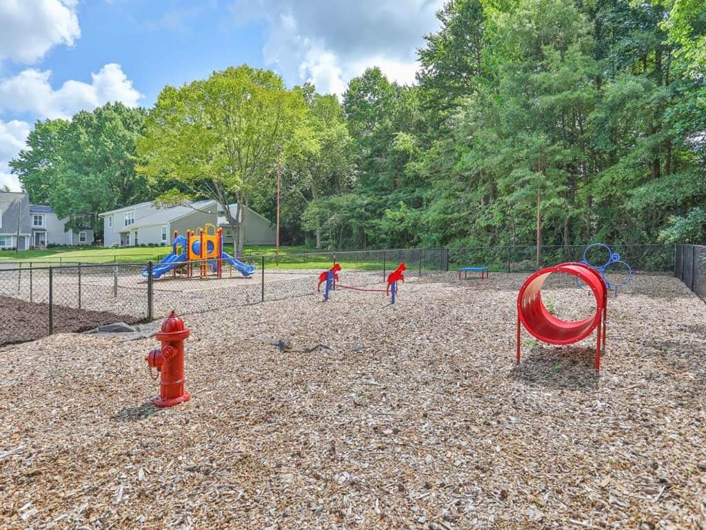 a playground with a fire hydrant in the foreground and trees in the background