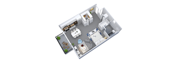 Studio 1 Bath 580 square feet floor plan The Greek 3d furnished