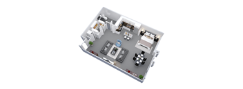 Studio 1 Bath 930 square feet floor plan The Kodak 3d furnished