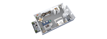 Studio 1 Bath 750 square feet floor plan The Mayan 3d furnished