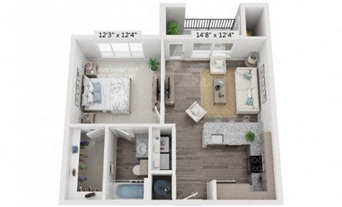 a two bedroom apartment with a bathroom and a balcony