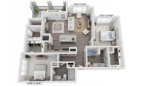 a two bedroom apartment with two bathrooms and a balcony