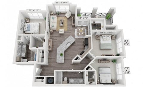 a furnished bedroom with a balcony and a living room