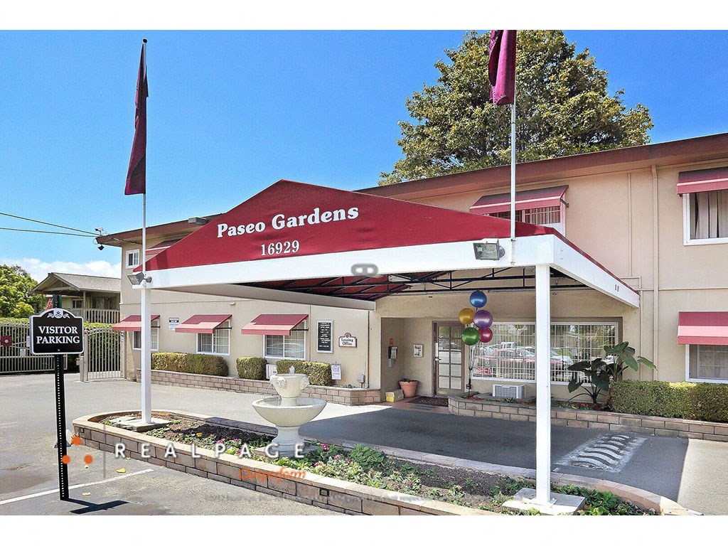 Apartment Hayward CA - Paseo Gardens - Front Entrance to Building with Visitor Parking and Red Awning