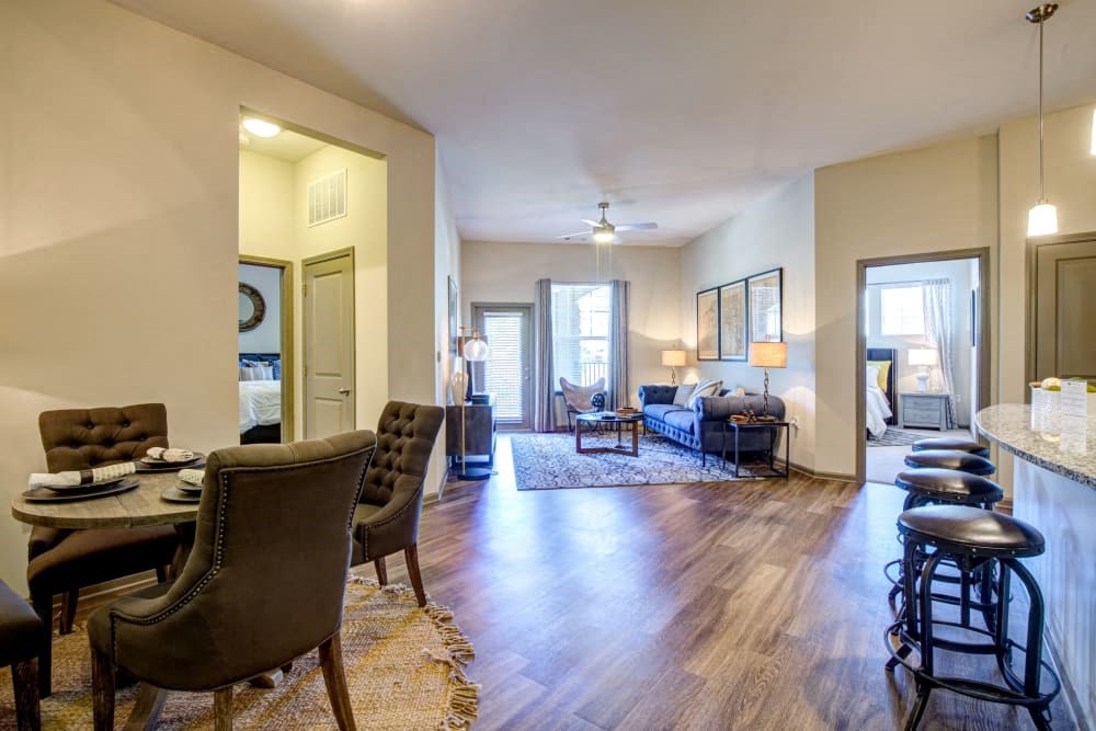 Dining area with living area in background