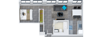 a top down view of a bedroom with a bathroom and a living room
