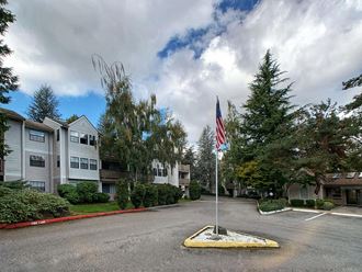 a flag pole in the middle of an empty street