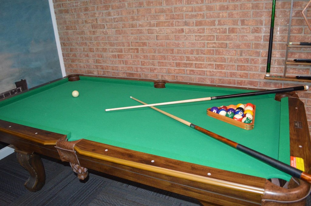 a pool table with pool sticks and a billiard