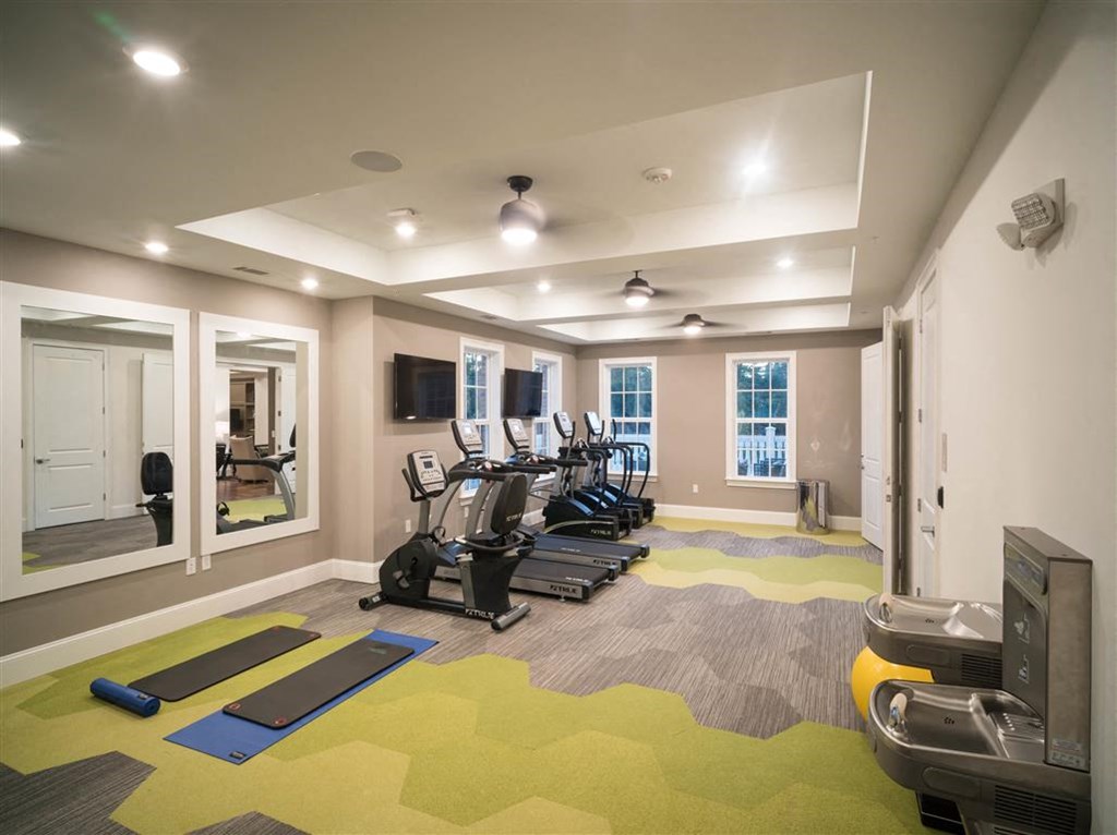a gym with cardio equipment and mirrors in a home gym
